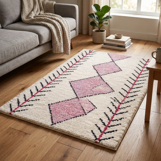 Tapis Rectangulaire Écru à Losanges Roses et Chevrons