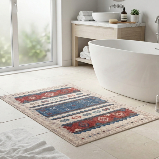 Tapis Rectangulaire Beige à Bandes Rouges et Bleues et Motifs Géométriques