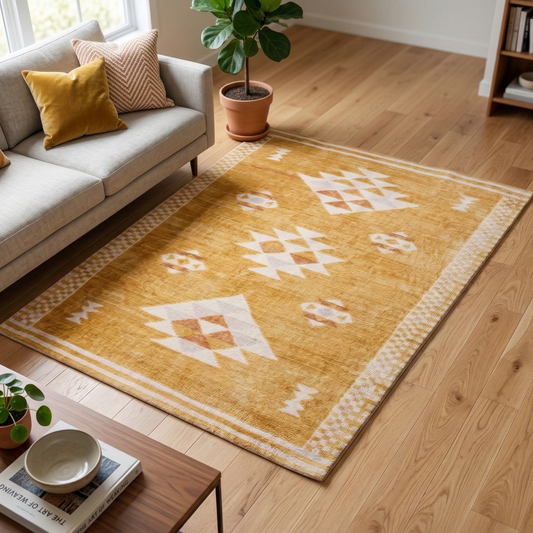 Tapis Rectangulaire Jaune Moutarde à Motifs Géométriques Blancs
