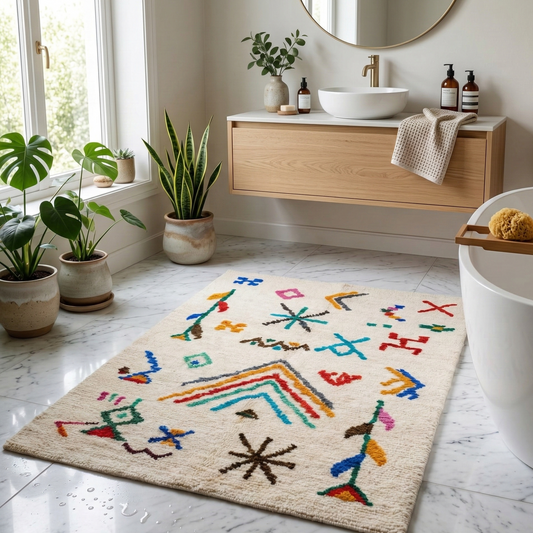 Tapis Rectangulaire Écru à Motifs Géométriques Multicolores