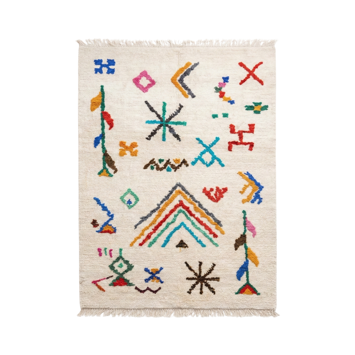 Tapis Rectangulaire Écru à Motifs Géométriques Multicolores