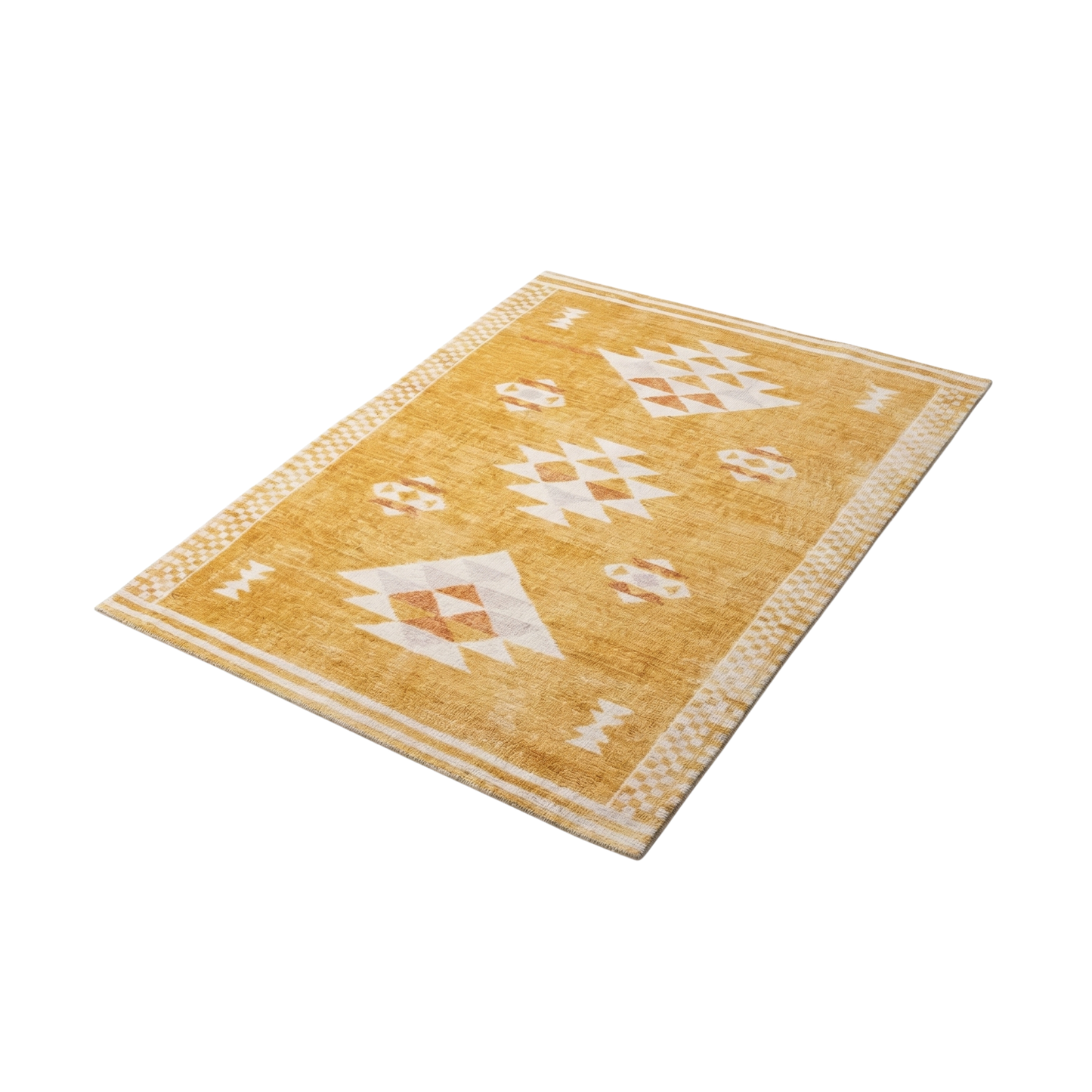 Tapis Rectangulaire Jaune Moutarde à Motifs Géométriques Blancs