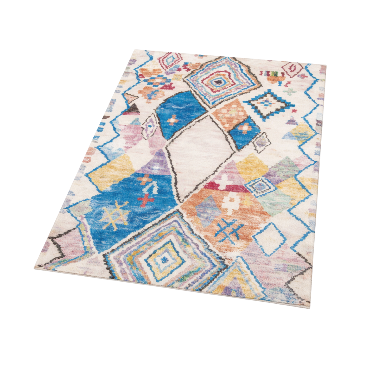 Tapis Rectangulaire Écru à Larges Motifs Géométriques Multicolores