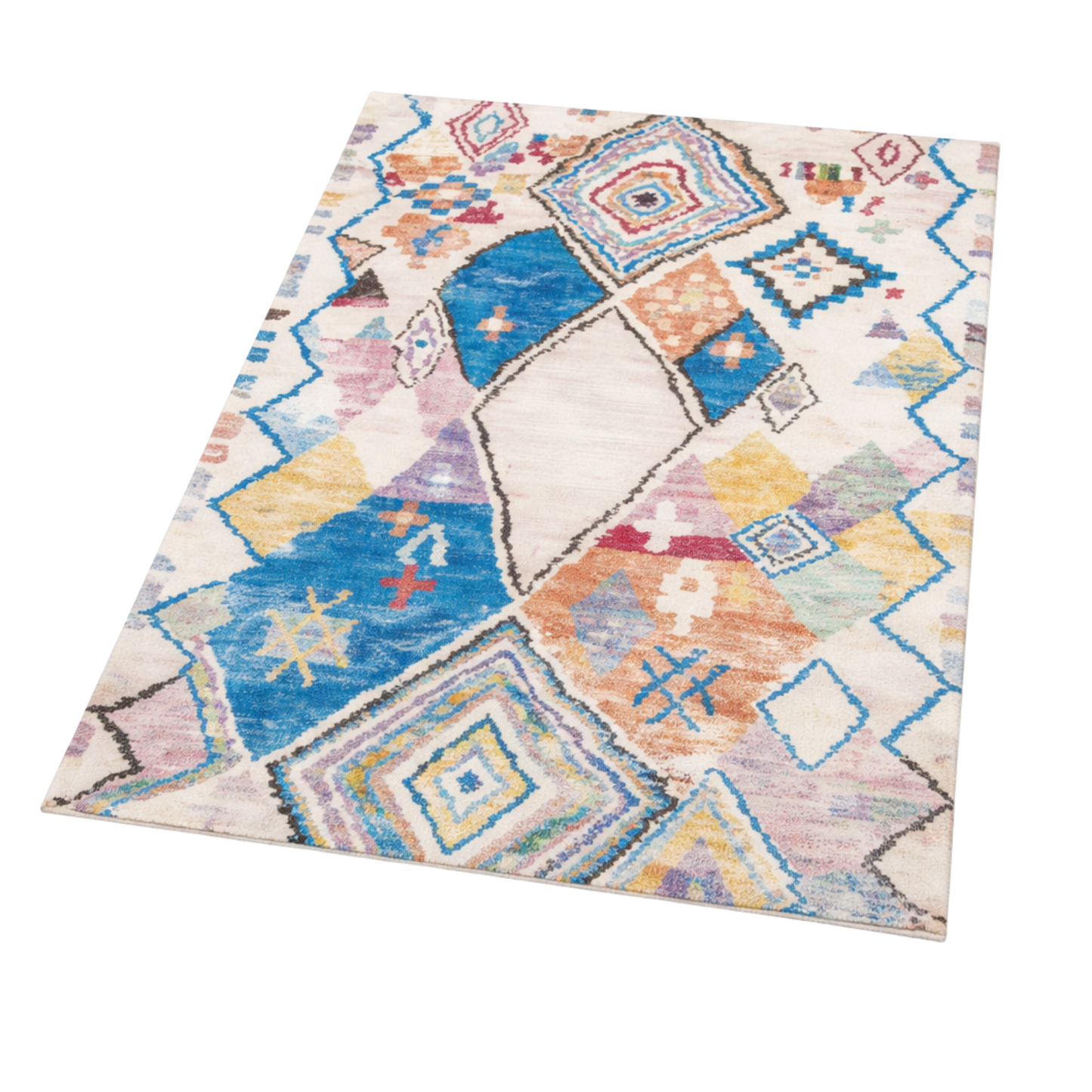 Tapis Rectangulaire Écru à Larges Motifs Géométriques Multicolores