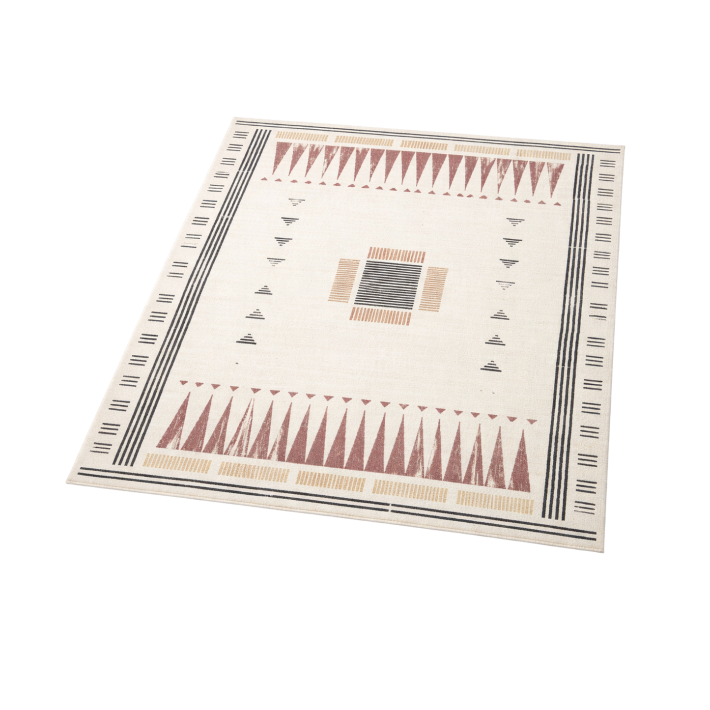 Tapis Rectangulaire Écru à Motifs Géométriques et Lignes Noires