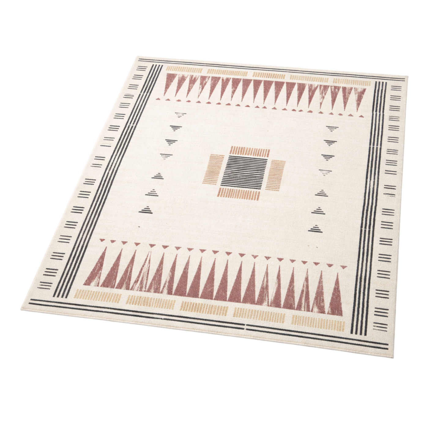 Tapis Rectangulaire Écru à Motifs Géométriques et Lignes Noires