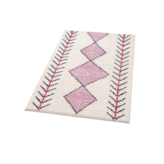 Tapis Rectangulaire Écru à Losanges Roses et Chevrons