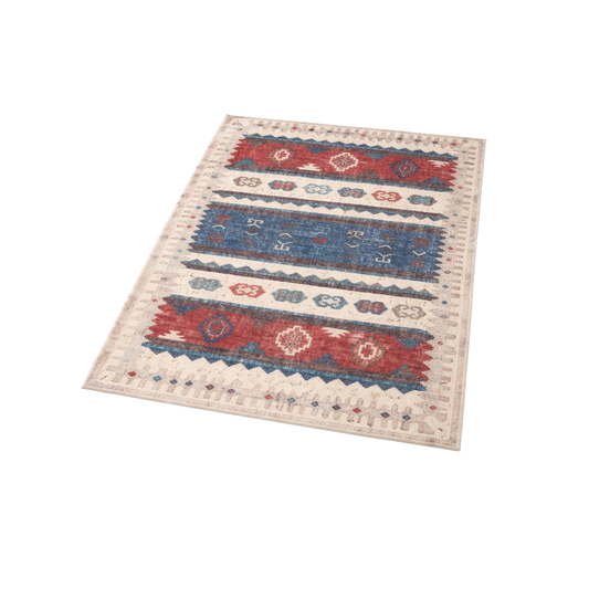 Tapis Rectangulaire Beige à Bandes Rouges et Bleues et Motifs Géométriques
