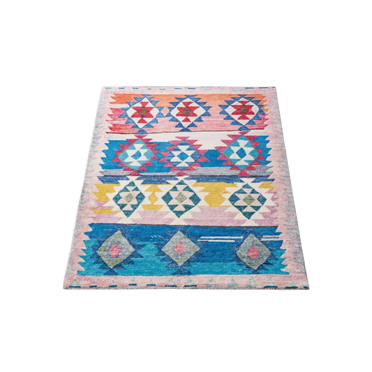 Tapis Rectangulaire Multicolore à Bandes et Motifs Géométriques