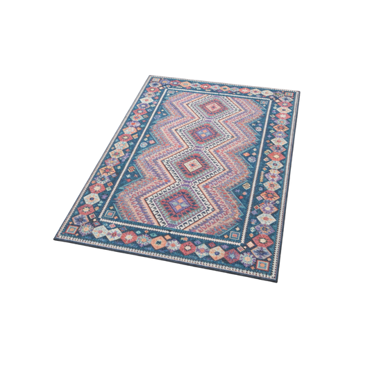 Tapis Rectangulaire Bleu et Rose à Motifs Géométriques