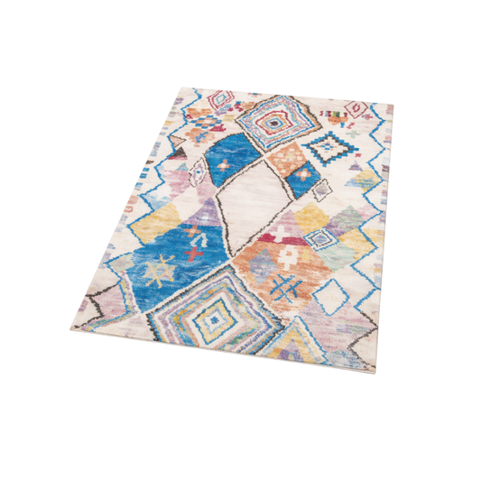 Tapis Rectangulaire Écru à Larges Motifs Géométriques Multicolores