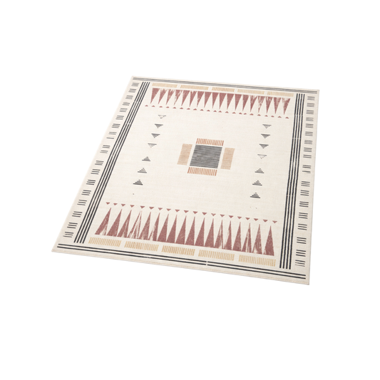 Tapis Rectangulaire Écru à Motifs Géométriques et Lignes Noires