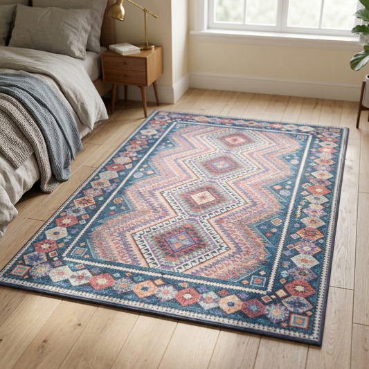 Tapis Rectangulaire Bleu et Rose à Motifs Géométriques