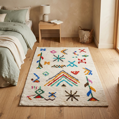 Tapis Rectangulaire Écru à Motifs Géométriques Multicolores