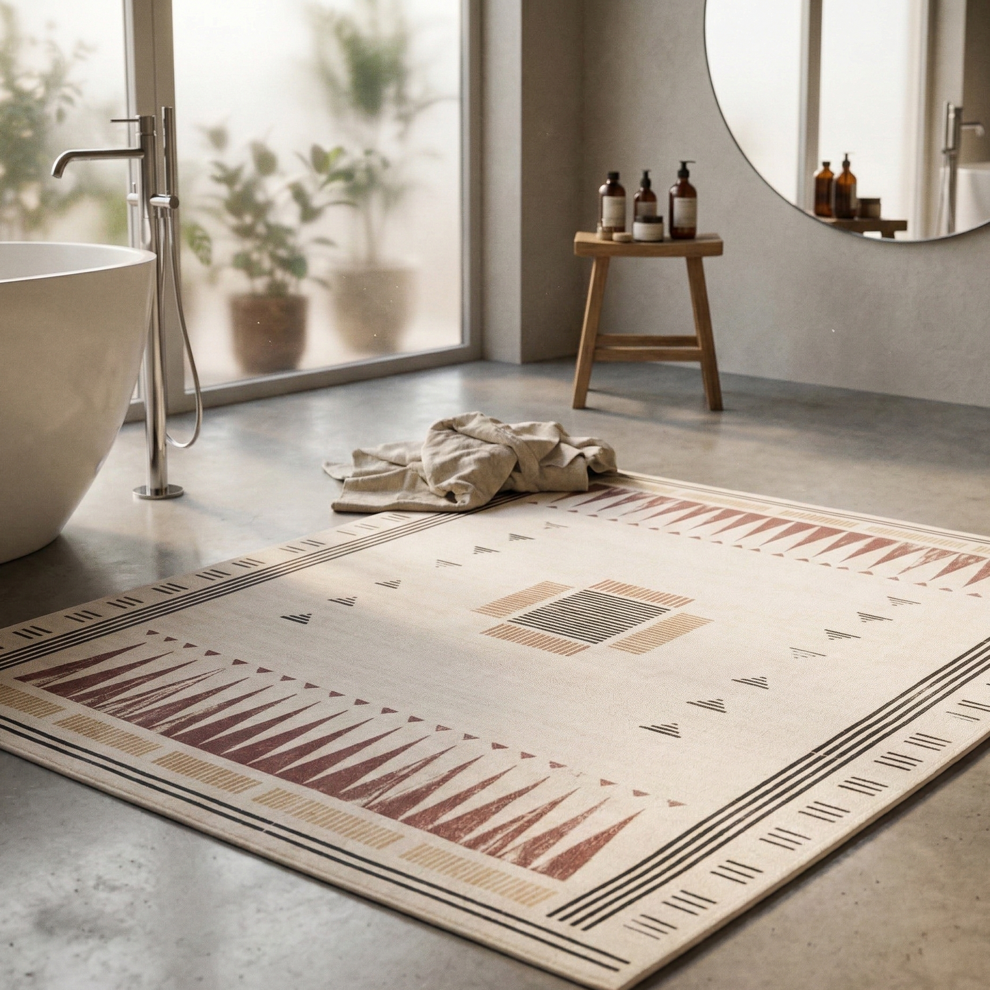 Tapis Rectangulaire Écru à Motifs Géométriques et Lignes Noires