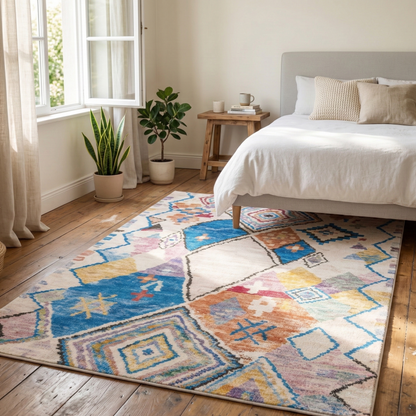 Tapis Rectangulaire Écru à Larges Motifs Géométriques Multicolores