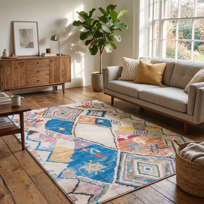 Tapis Rectangulaire Écru à Larges Motifs Géométriques Multicolores