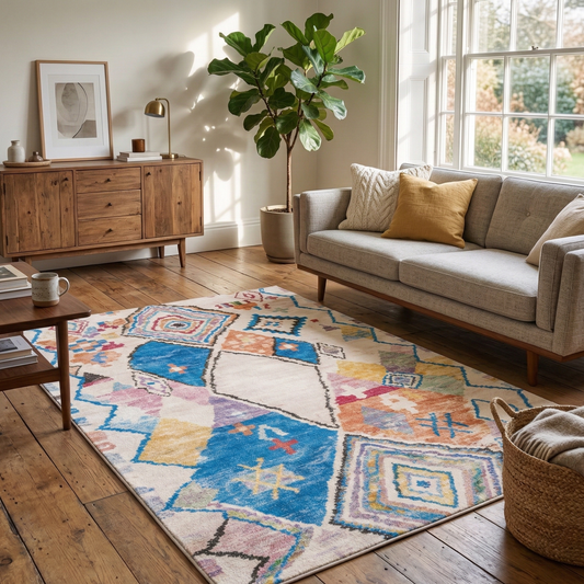 Tapis Rectangulaire Écru à Larges Motifs Géométriques Multicolores