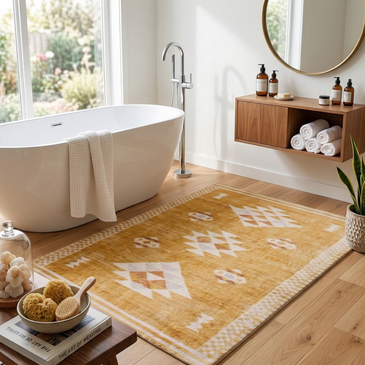 Tapis Rectangulaire Jaune Moutarde à Motifs Géométriques Blancs