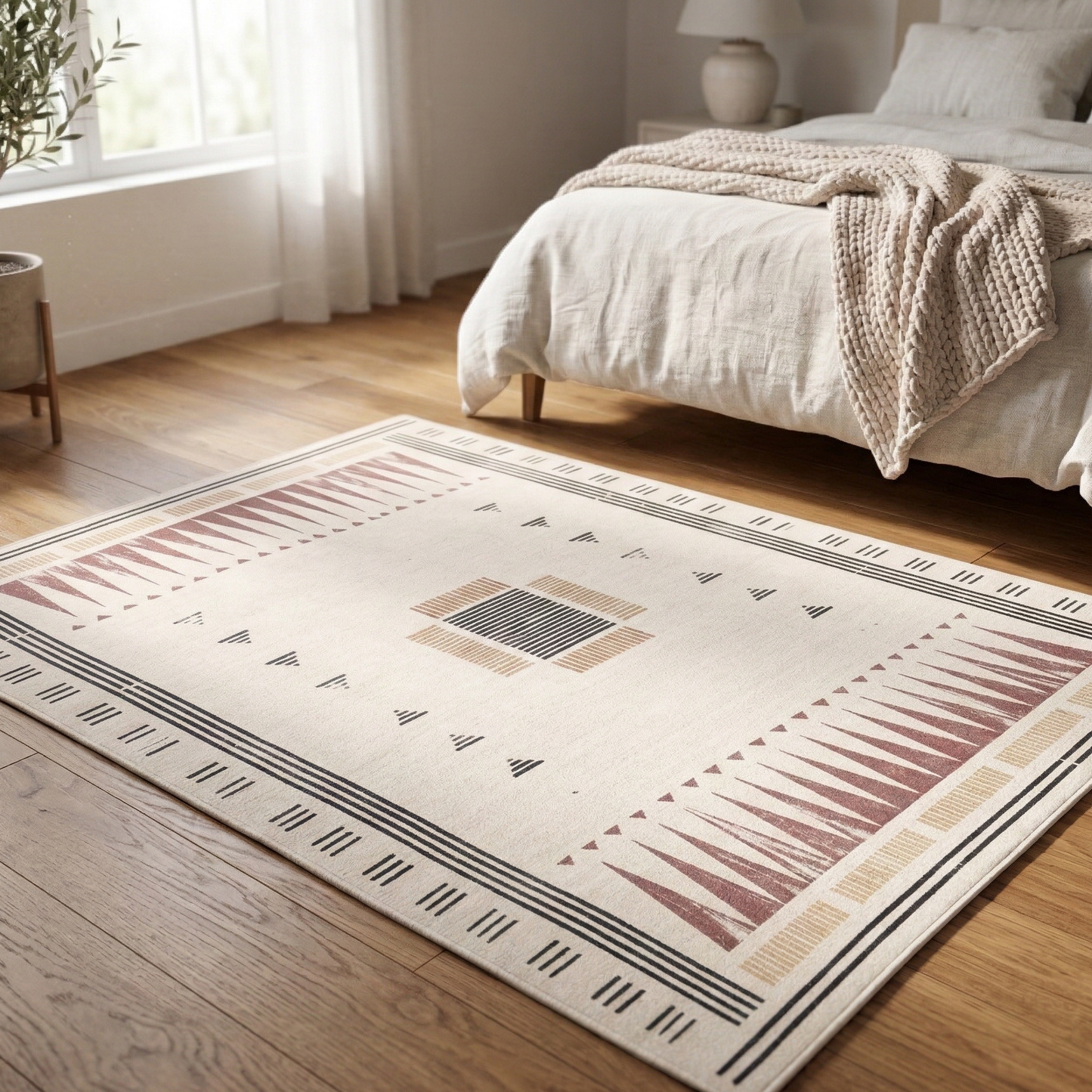 Tapis Rectangulaire Écru à Motifs Géométriques et Lignes Noires