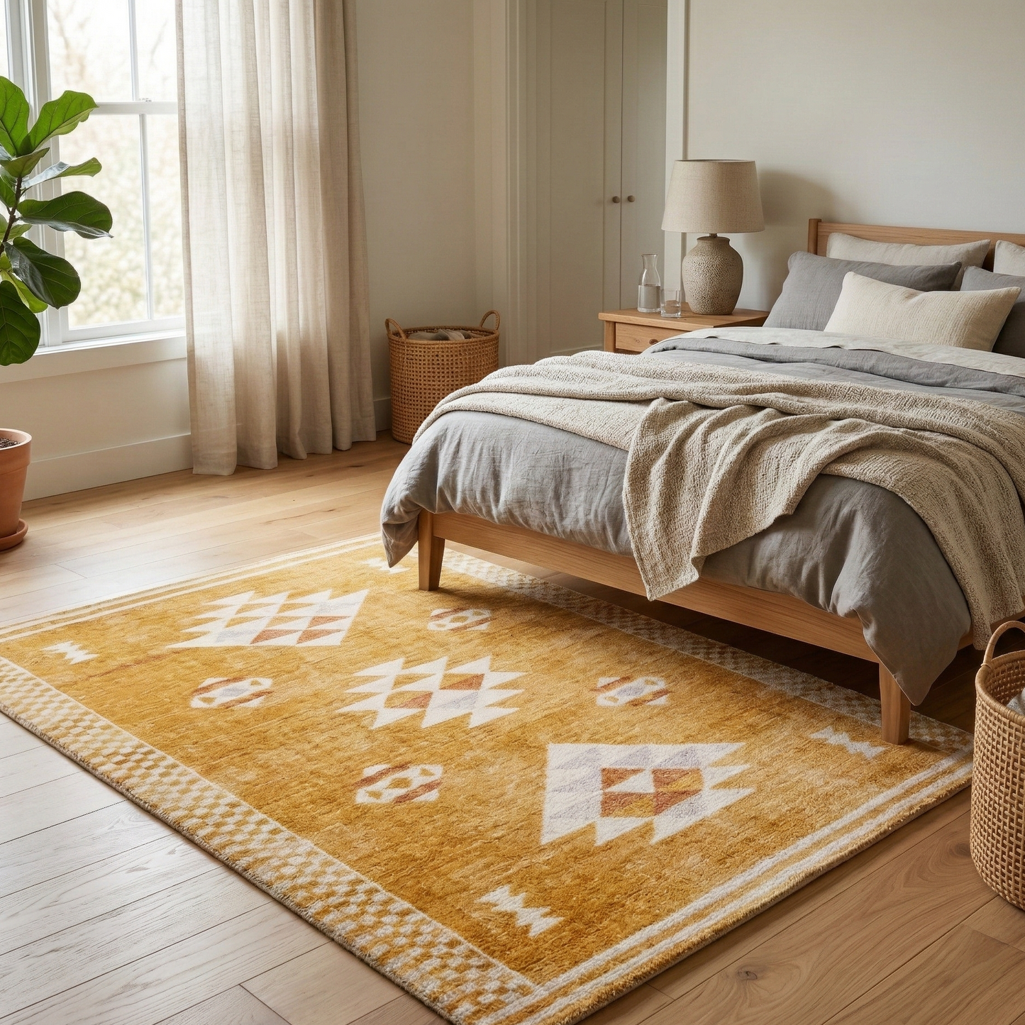 Tapis Rectangulaire Jaune Moutarde à Motifs Géométriques Blancs