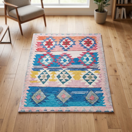 Tapis Rectangulaire Multicolore à Bandes et Motifs Géométriques