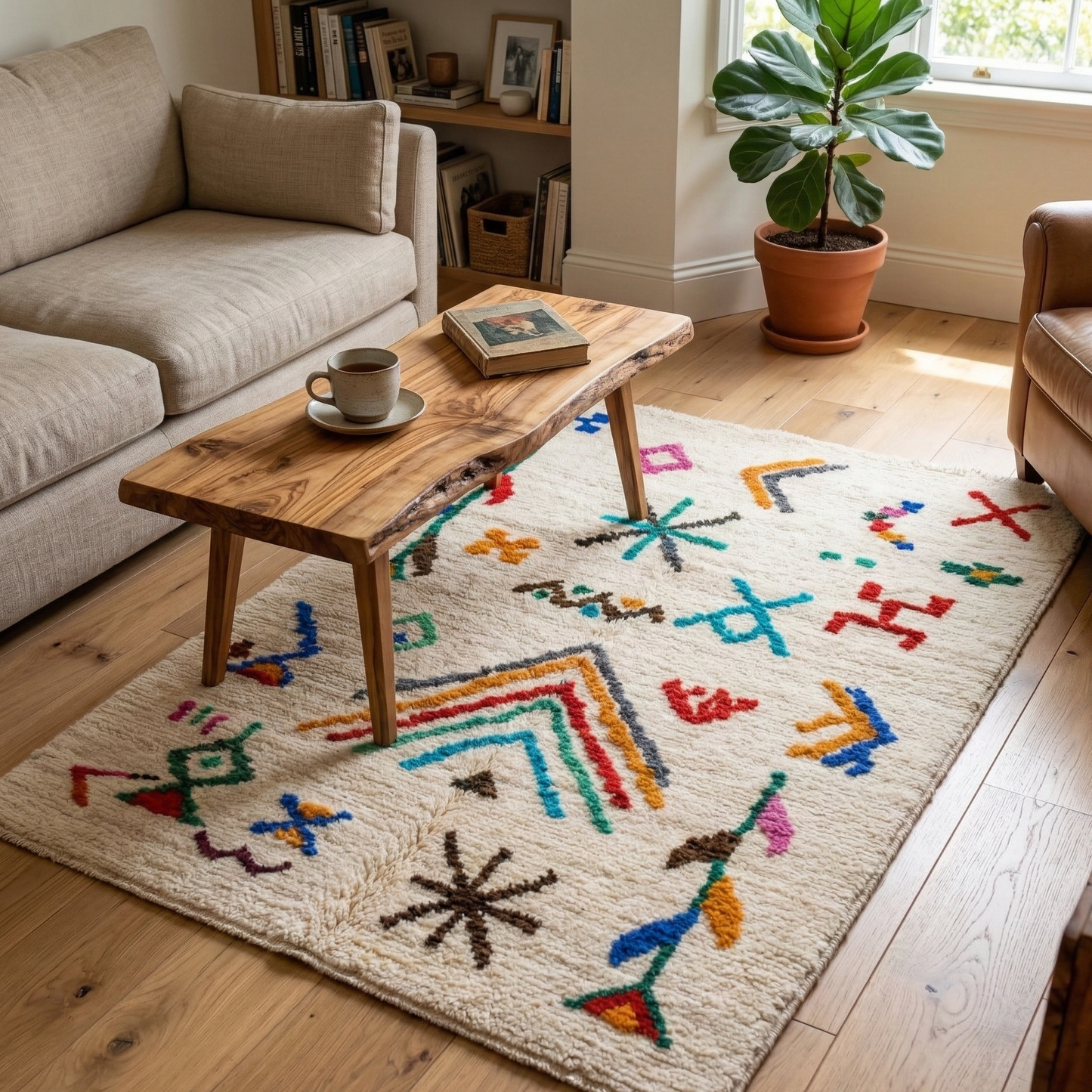 Tapis Rectangulaire Écru à Motifs Géométriques Multicolores