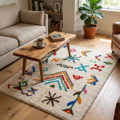 Tapis Rectangulaire Écru à Motifs Géométriques Multicolores