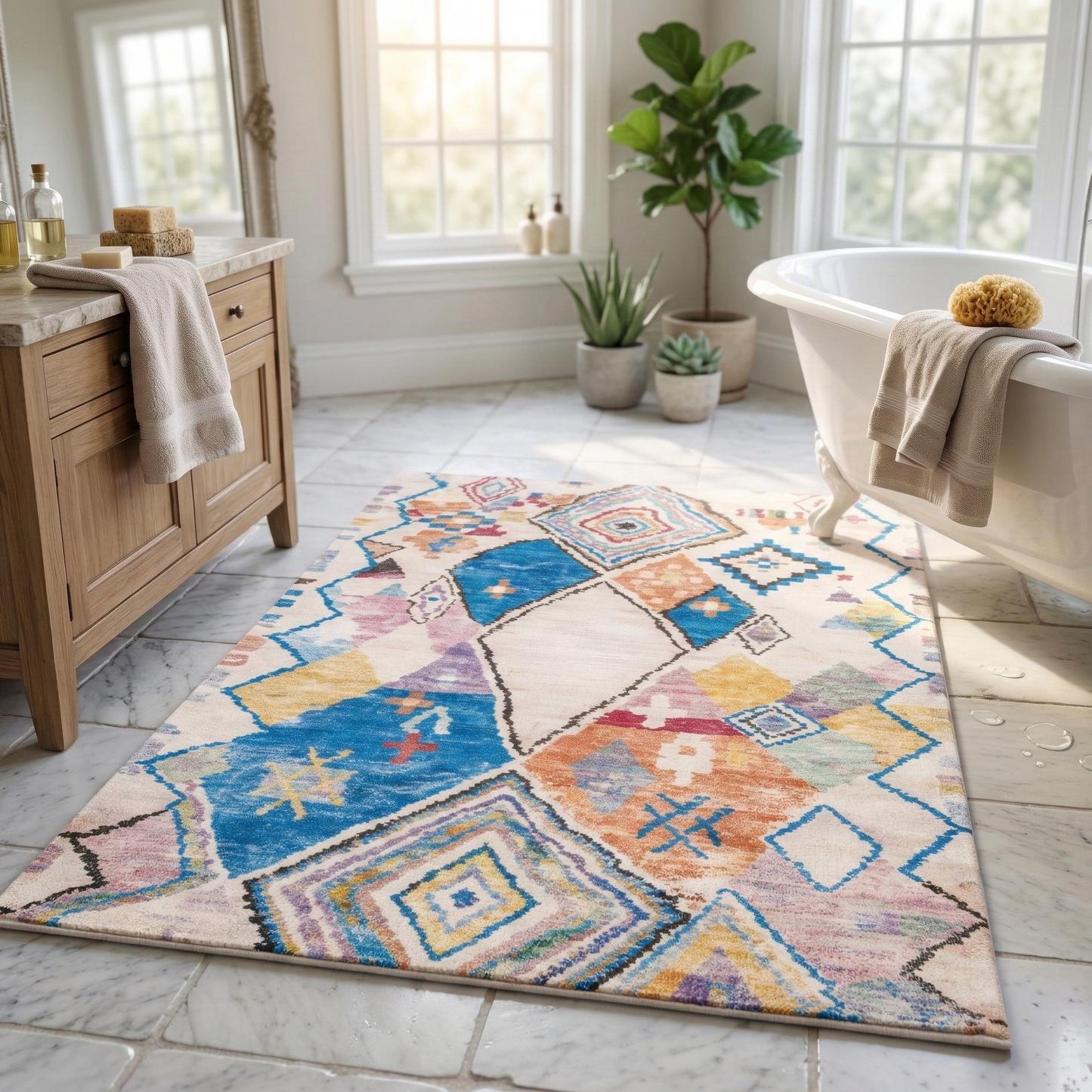 Tapis Rectangulaire Écru à Larges Motifs Géométriques Multicolores