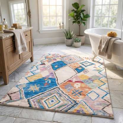 Tapis Rectangulaire Écru à Larges Motifs Géométriques Multicolores
